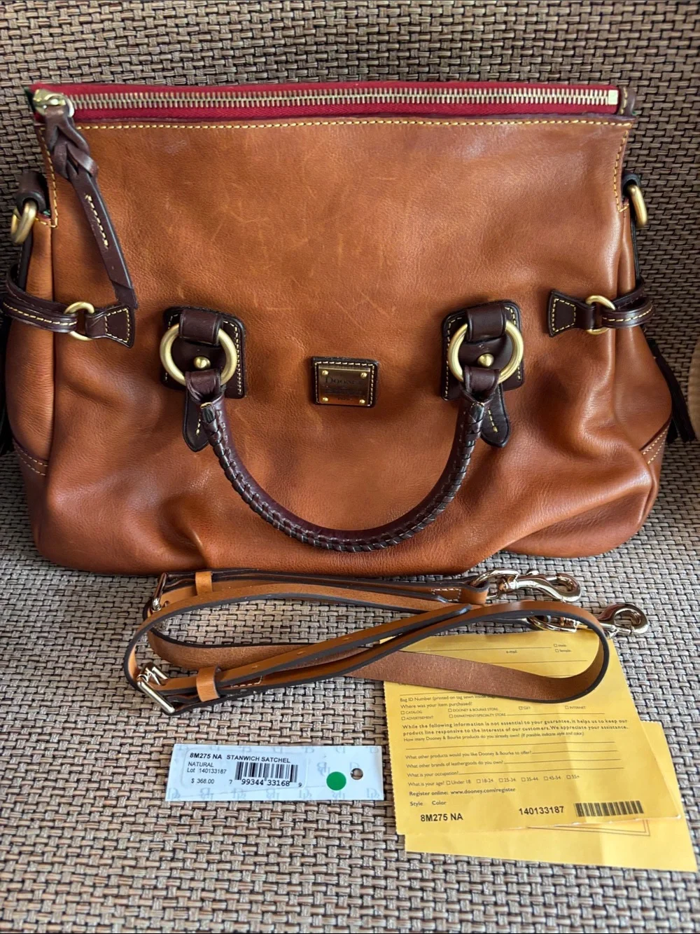 Dooney & Bourke Natural Stanwich Leather Satchel with Dark Brown trim gold HW